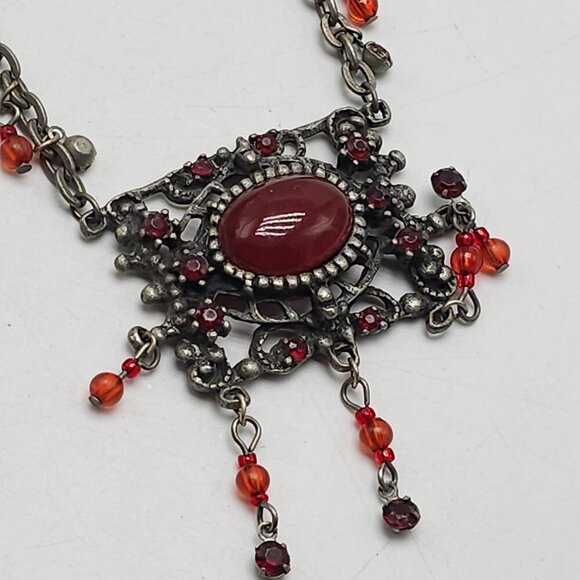 Vintage BOHO Silver Tone Filigree Necklace With Red Gemstone Dangling Beads - Picture 4 of 7